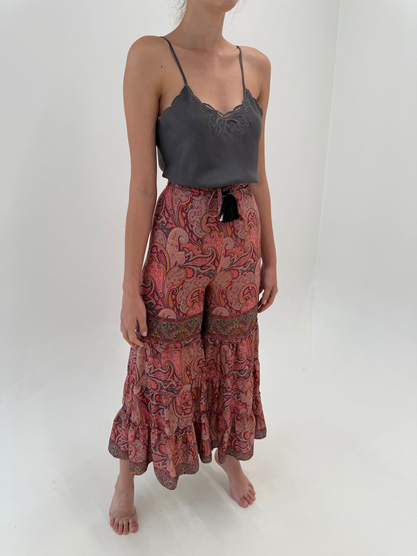 Pantaloni boho palazzo din mătase matuala cu talie ultra înaltă elastică