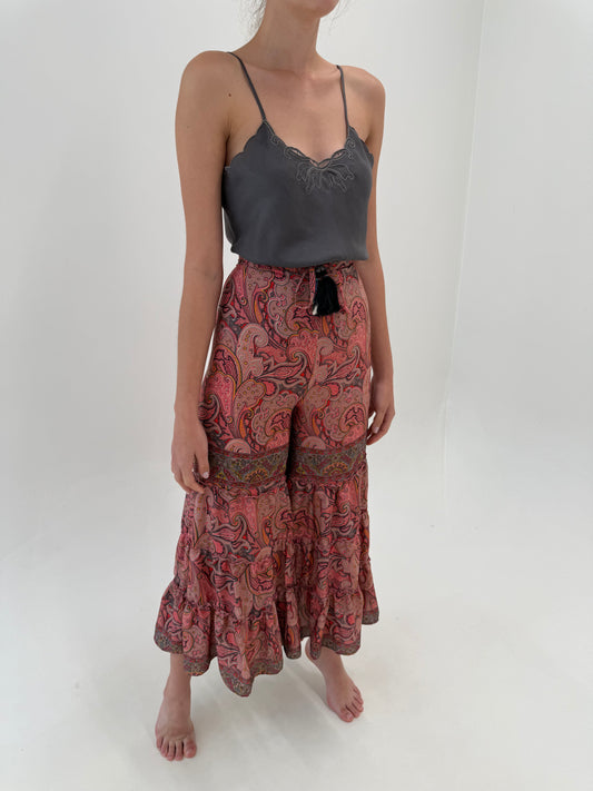 Pantaloni boho palazzo din mătase matuala cu talie ultra înaltă elastică