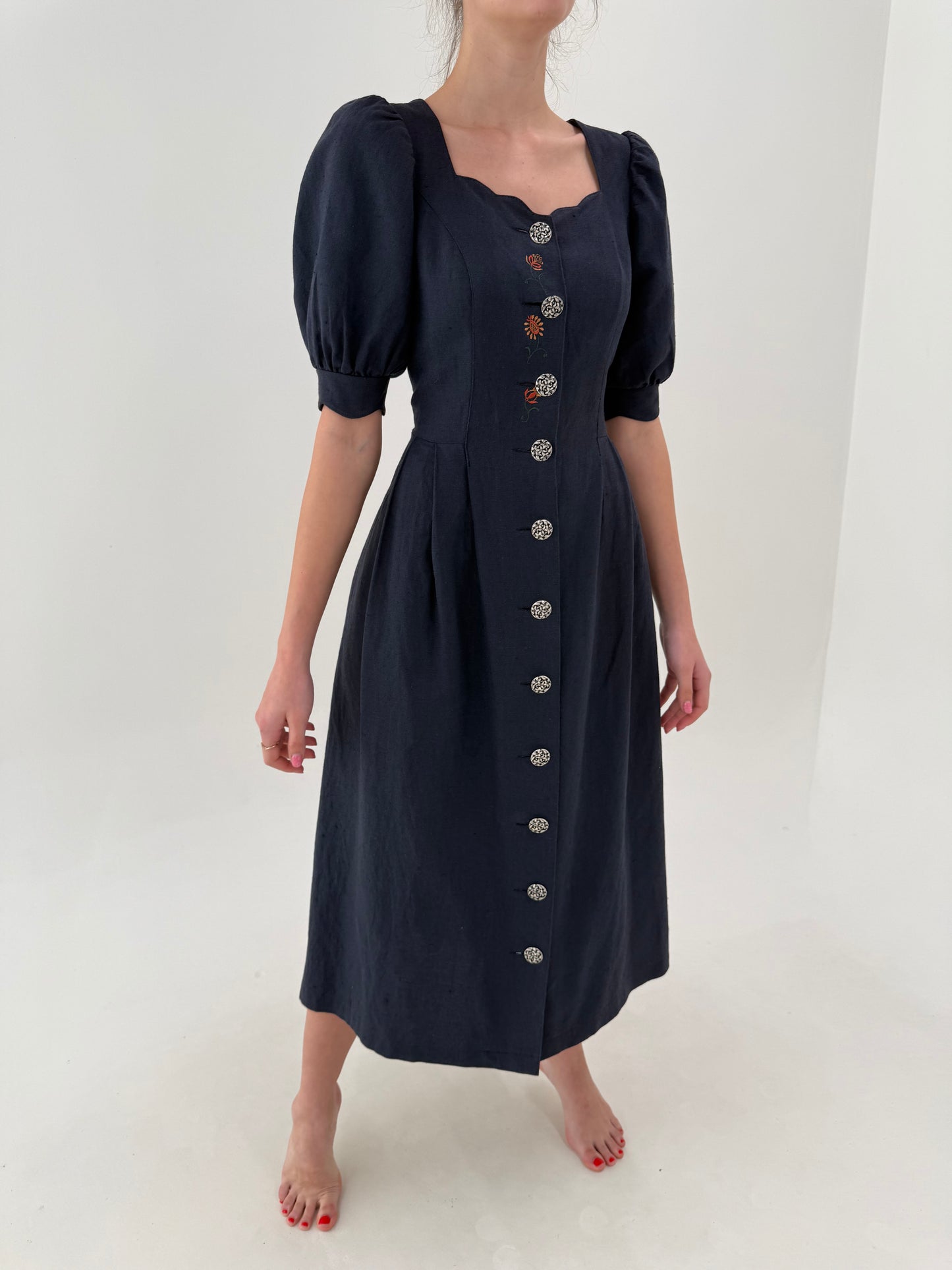 Rochie vintage maxi cu corsaj din pânză excptionala cu umeri ușor bufanți