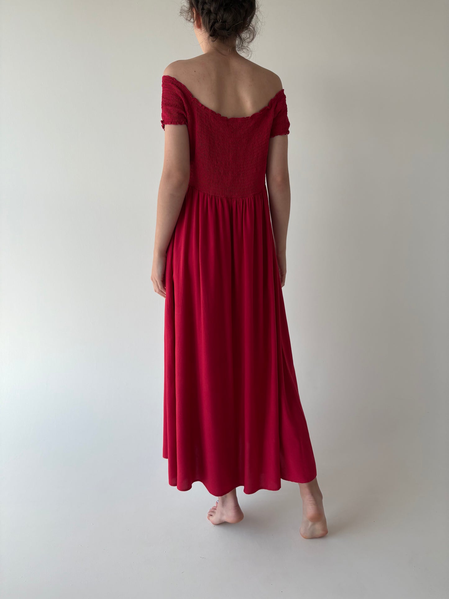 Rochie maxi roșu superb cu bust și talie elastice texturate