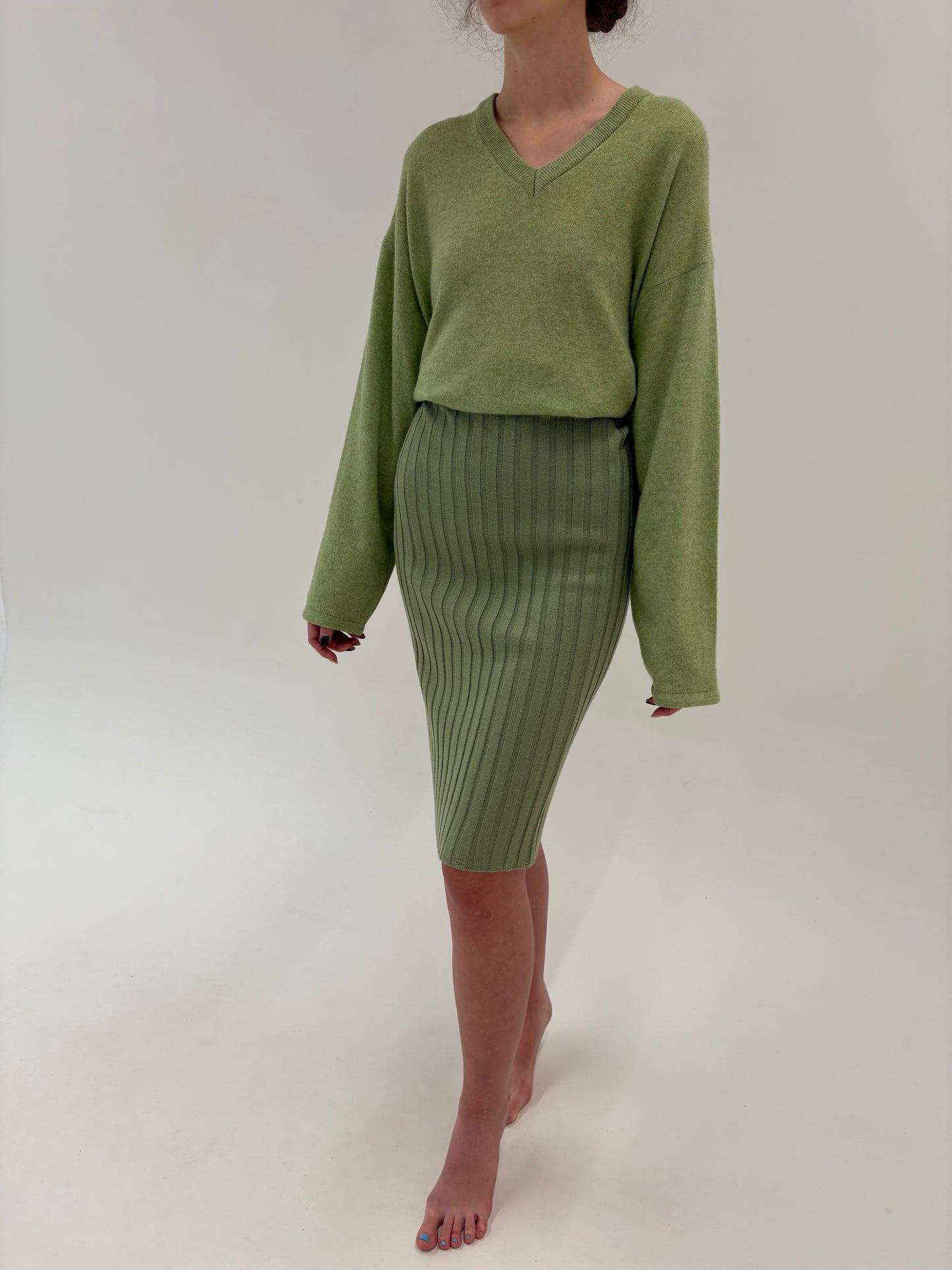 Fustă Sage green din tricot d elana merino extrafina ribbed