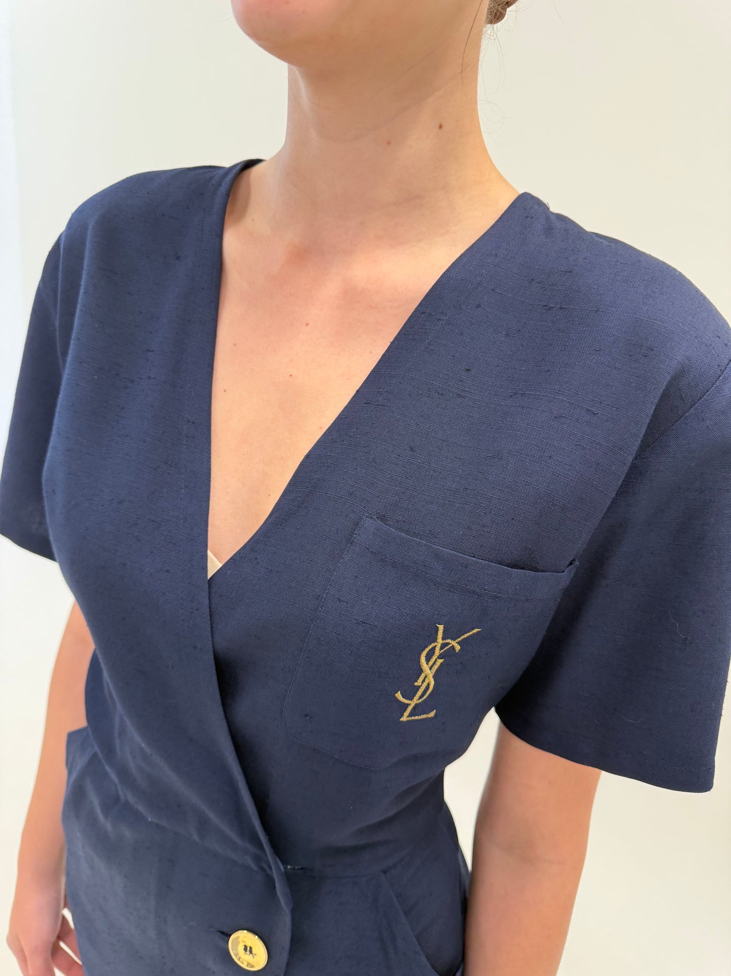 Rochie vintage Yves Saint Laurent în croi petrecut de colecție din pânză de in