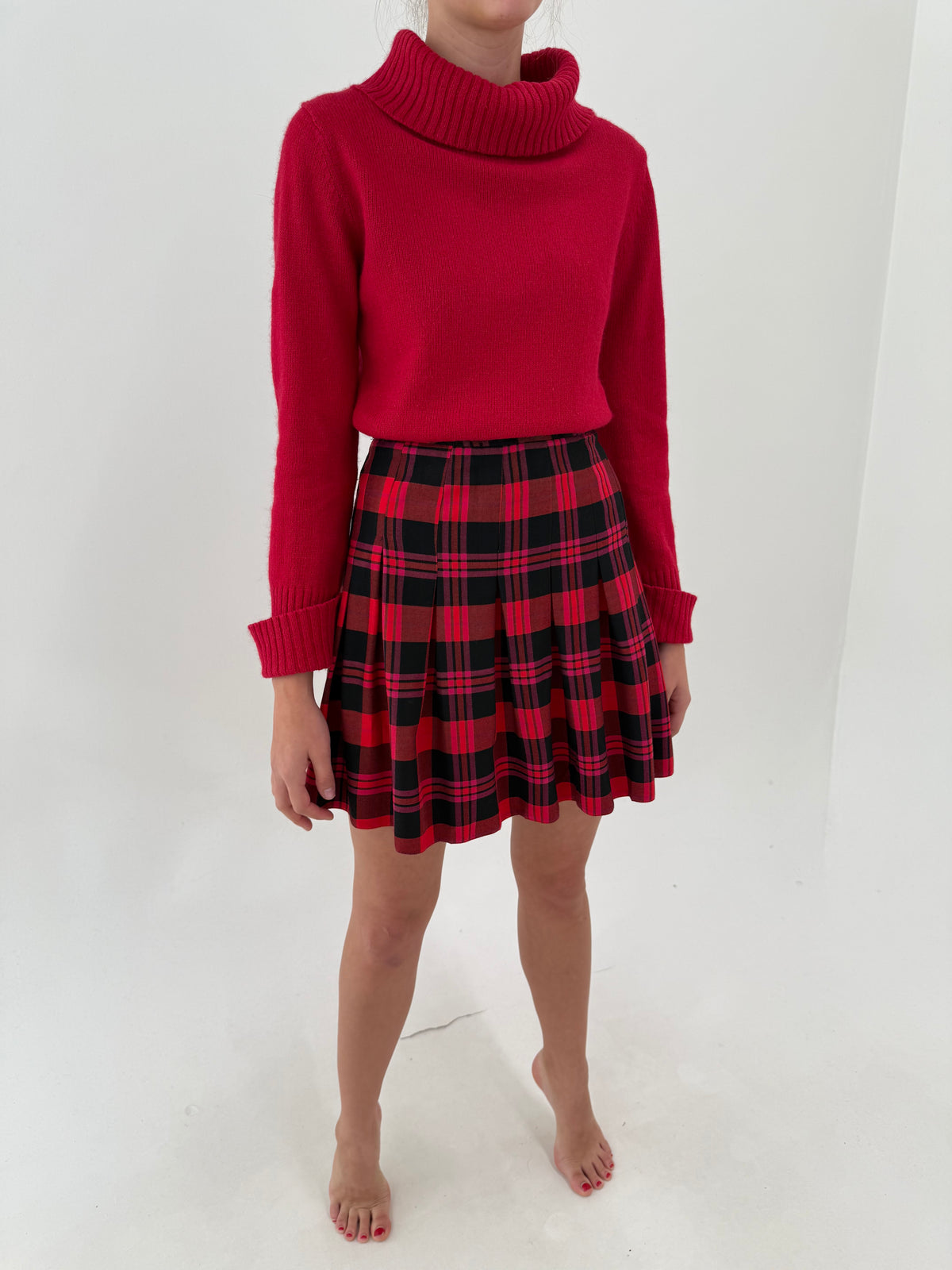 Fustă mini plisată din stofă moale tartan  în culori tari