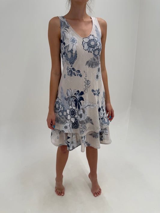 Rochie light nude din in moale și bumbac în bie cu print Navy delicat