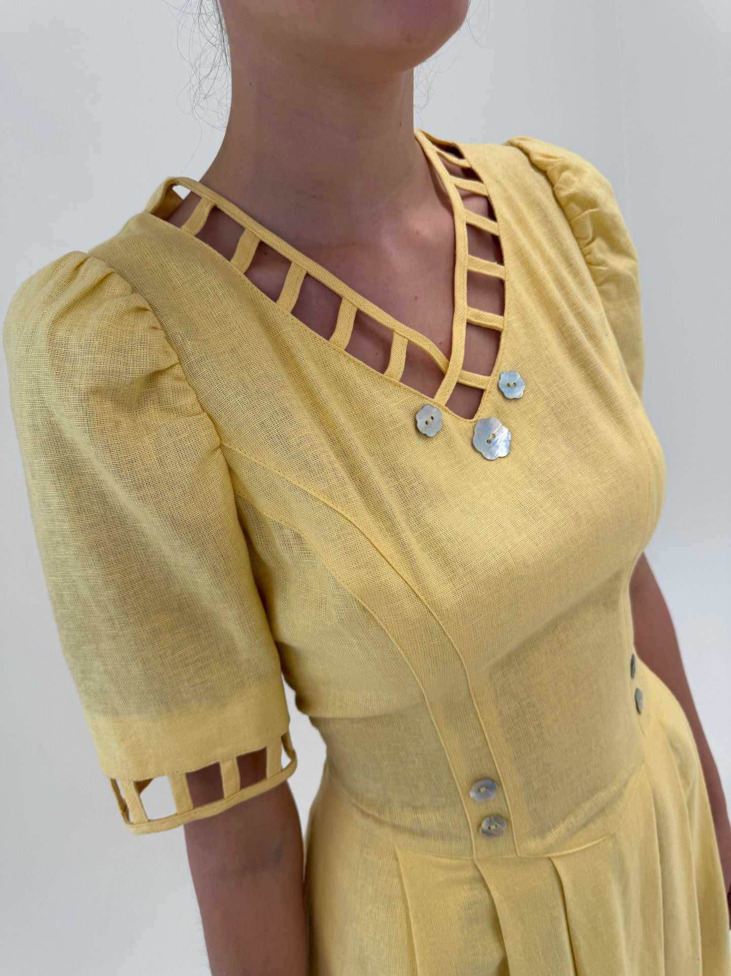 Rochie vintage maxi din pânză grea excepțională butter yellow cu corsaj