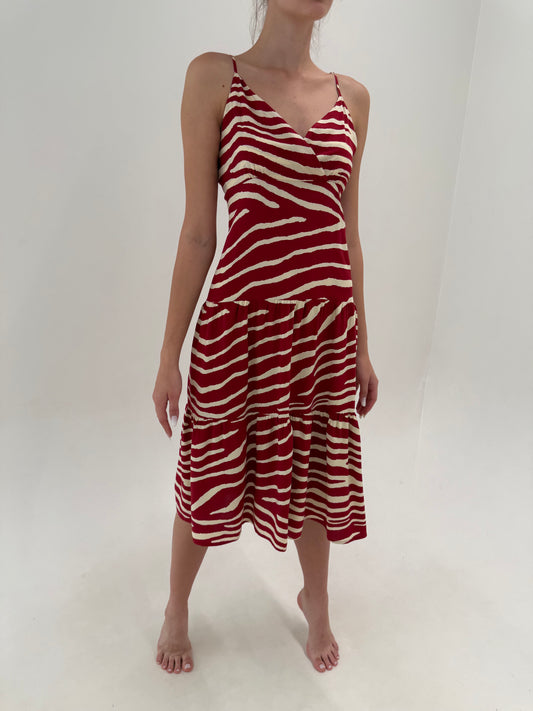 Rochie camel și burgundy super vaporoasă cu animal print stilizat