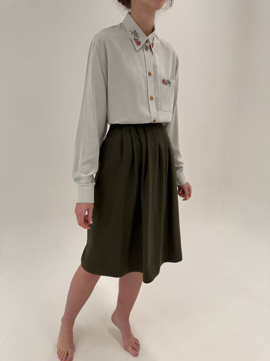 Fustă vintage kaki extrem de amplă din lana extrafina plină cu pense adânci