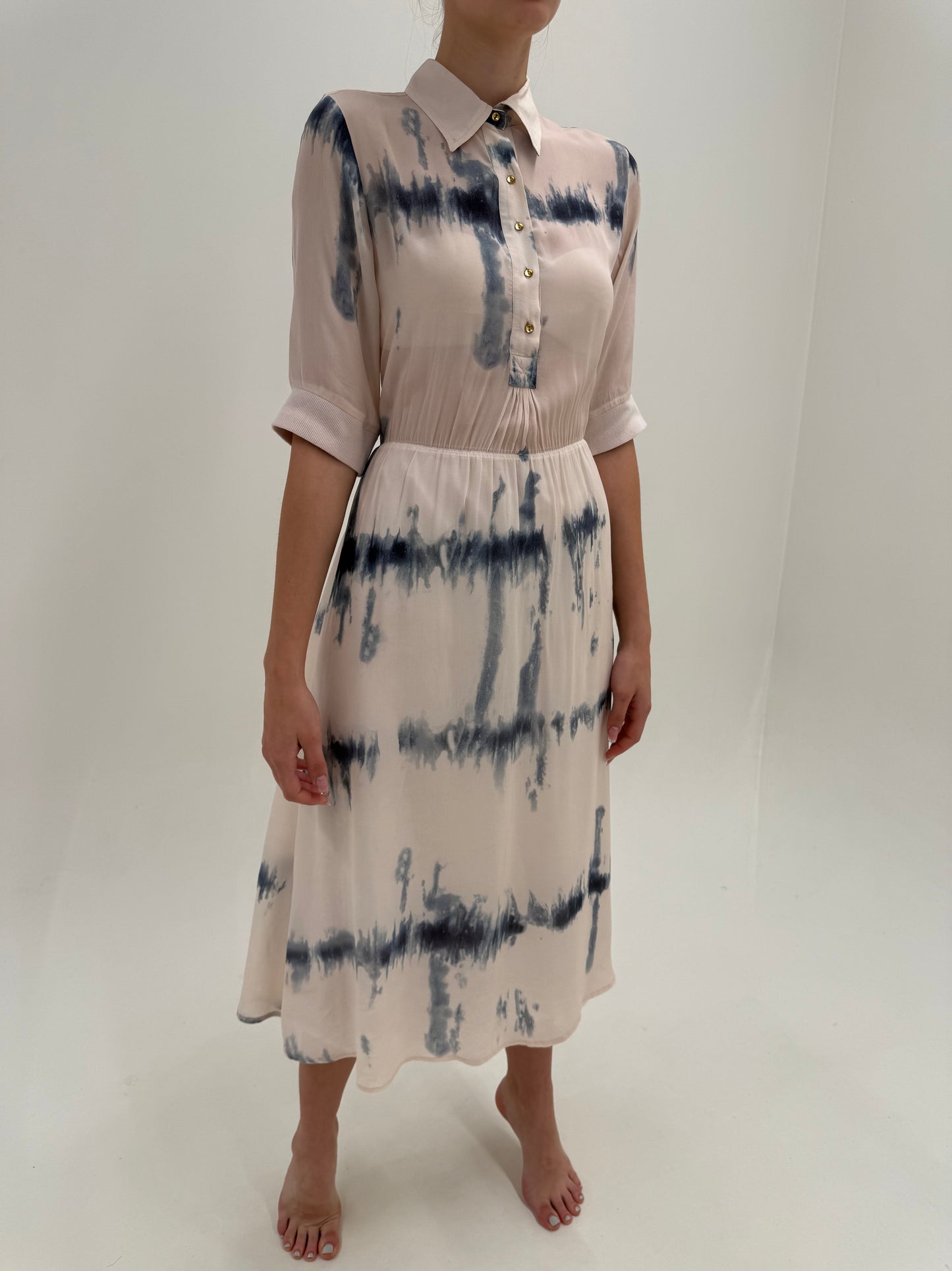 Robe chemise maxi very dusty pink din mătase naturală cu talie ultra înaltă elastică