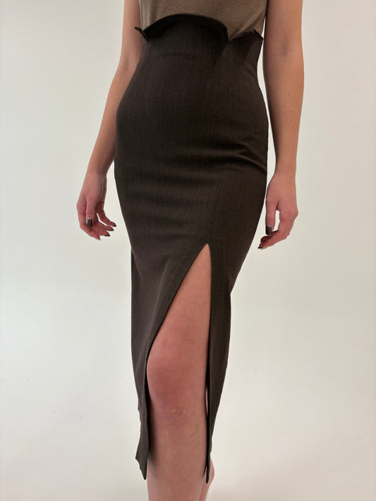 Fustă chocolate brown midi spre maxi cu talie deconstruită din lana extrafina