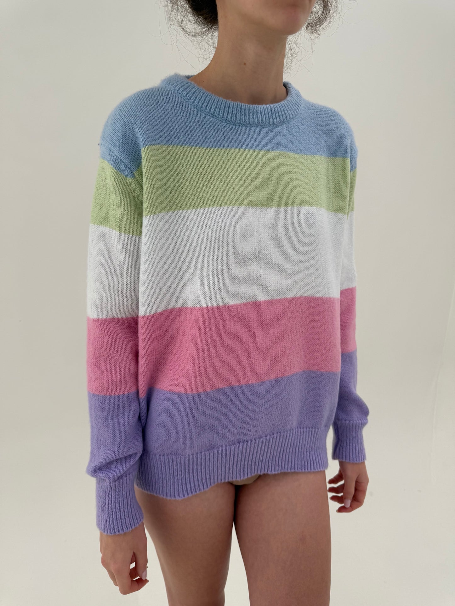 Pulover oversized în culori pudrate crew neck din tricot de gramaj mare