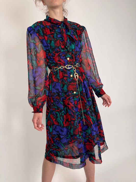 Rochie vintage din voal în culori tari cu nasturi bijuterie