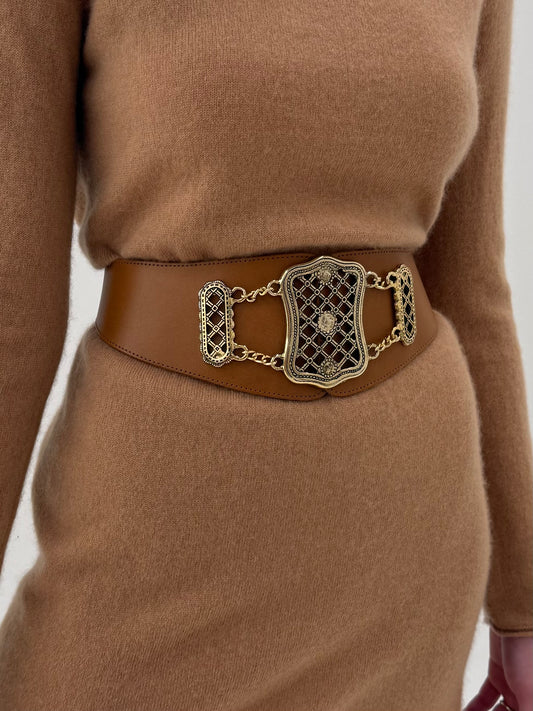 Centura masivă bijuterie din piele naturală cu feronerie auriu antichizat