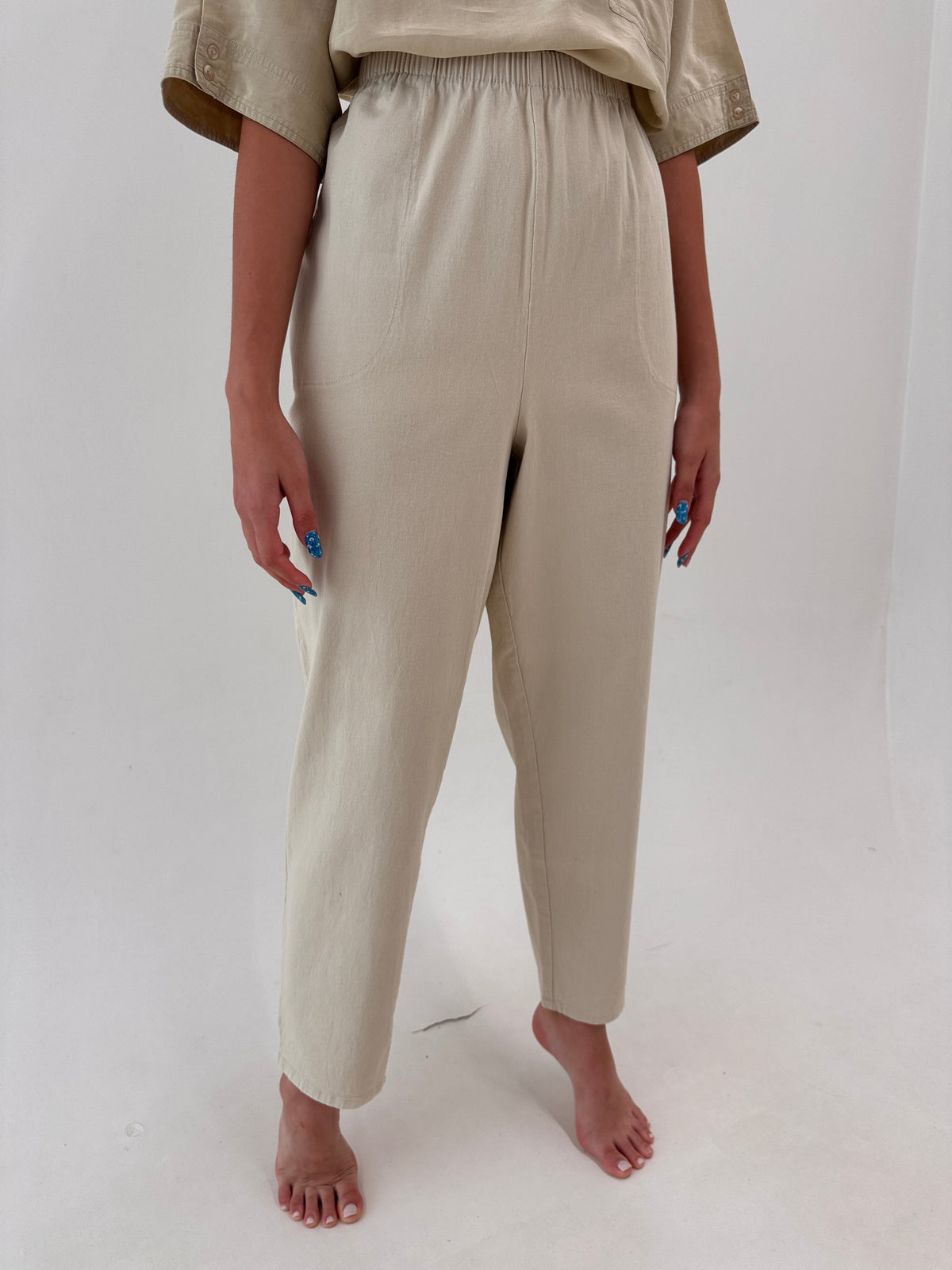 Pantaloni camel ultra confort din pânzăoale de bumbac cu talie ultra înaltă