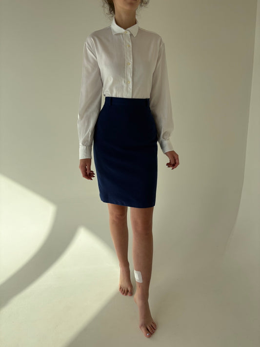 Fustă italiană conică albastru cerneală cu talie ultra înaltă din lana pura