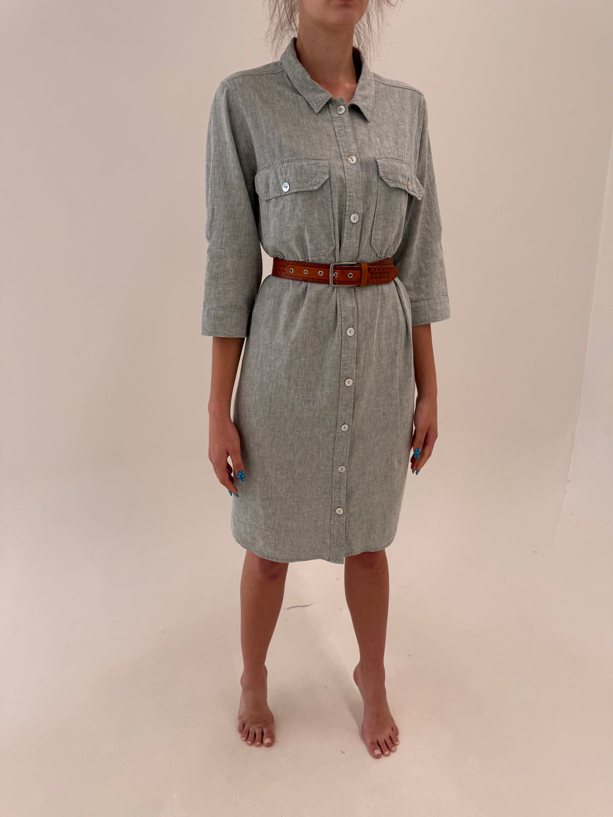 Rochie italiană din in premium silver gray melanj în croi clasic