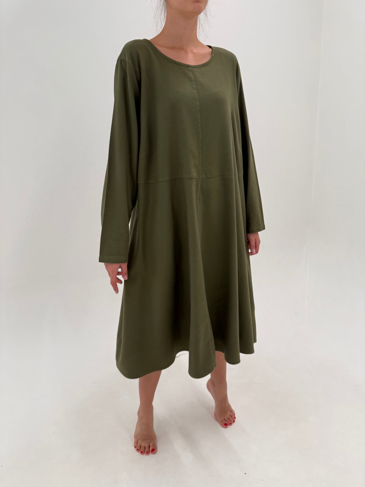 Rochie kaki din bumbac gros de toamnă în croi minimalist A-line