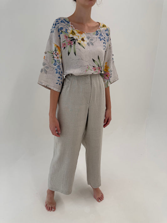 Pantaloni tall din pânză grea de in warm gray cu talie super înaltă si pense