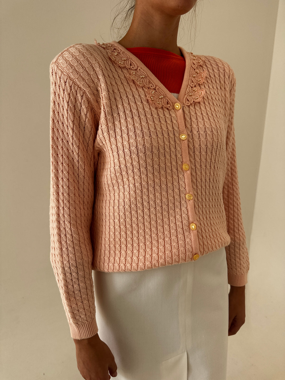 Cardigan vintage powder Pink din tricot gros excepțional de bun ca de gramaj mare