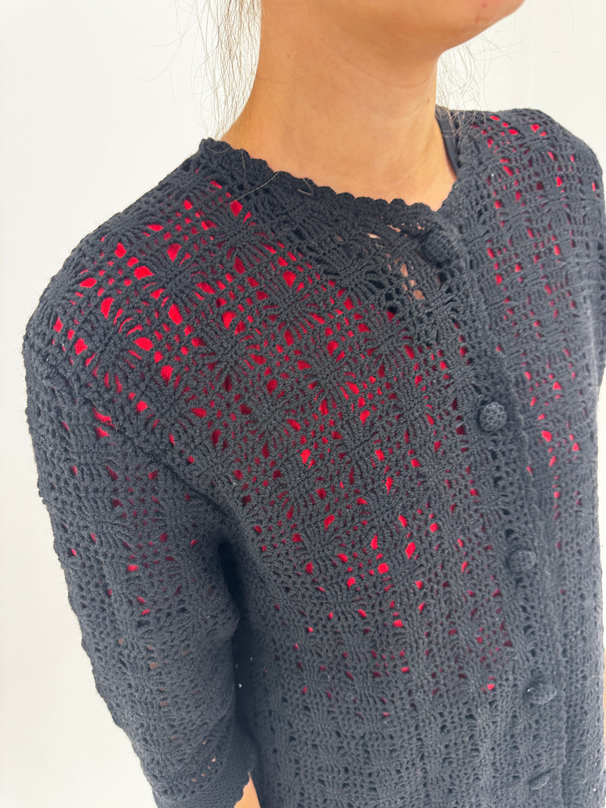 Cardigan vintage negru dantelat din lana extrafina cu mânecă 3/4