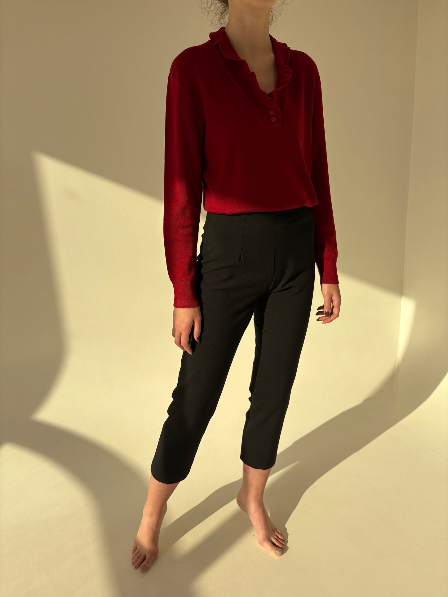 Pantaloni negri petite țigaretă din stofă confort din mix de lana extrafina