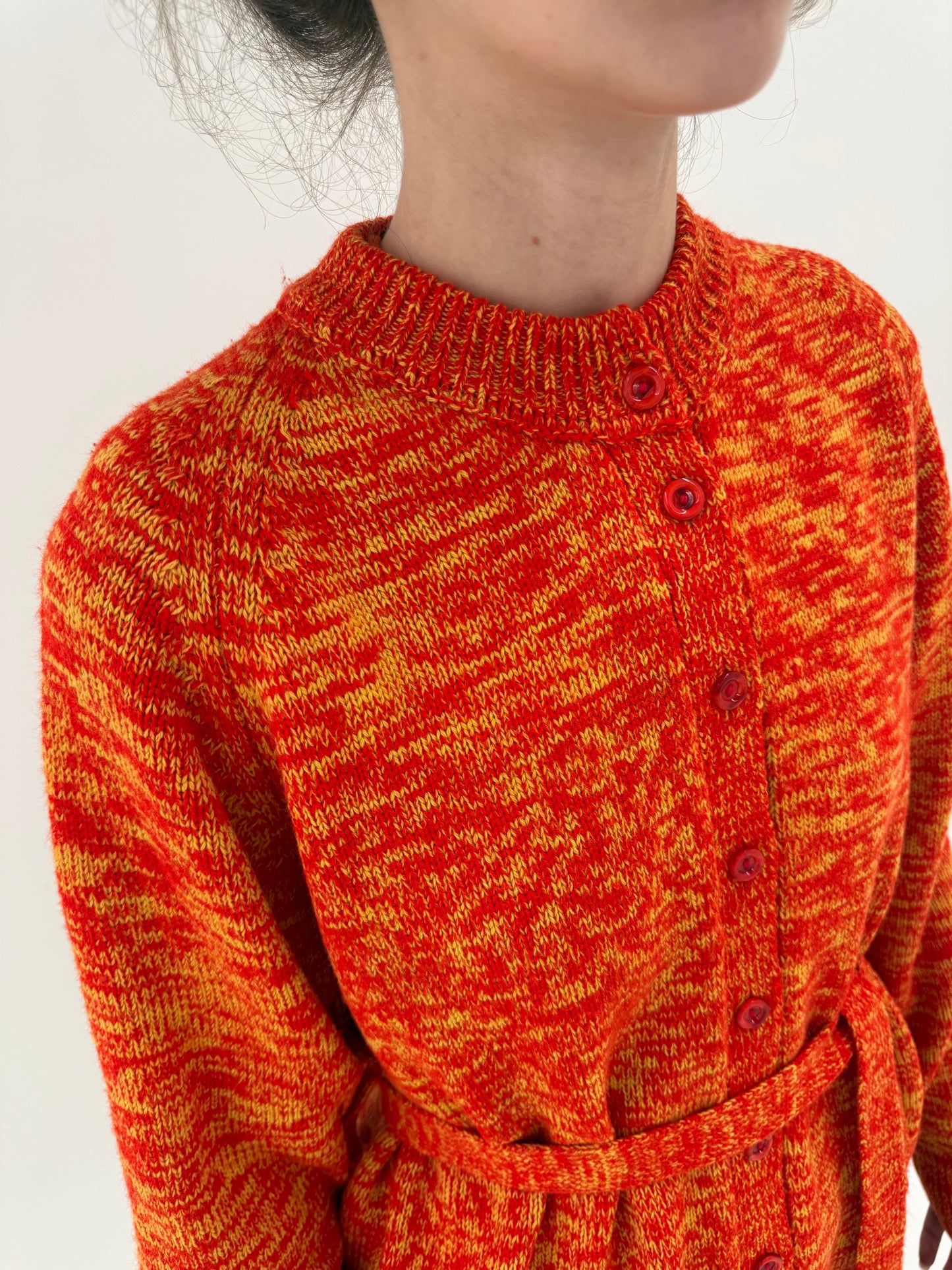 Cardigan oranj vintage melanj din lana extrafina groasa cu cordon