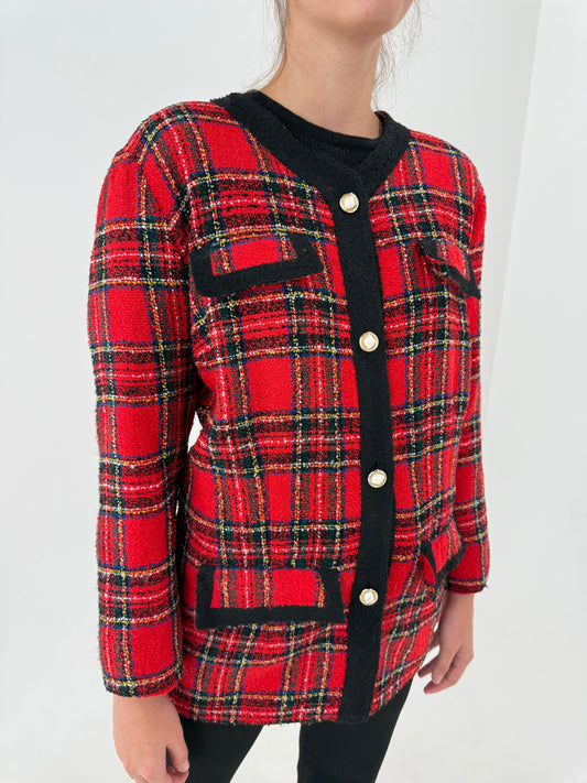 Sacou vintage în stil Chanel din tweed boucle în culori clasice din mix de lana