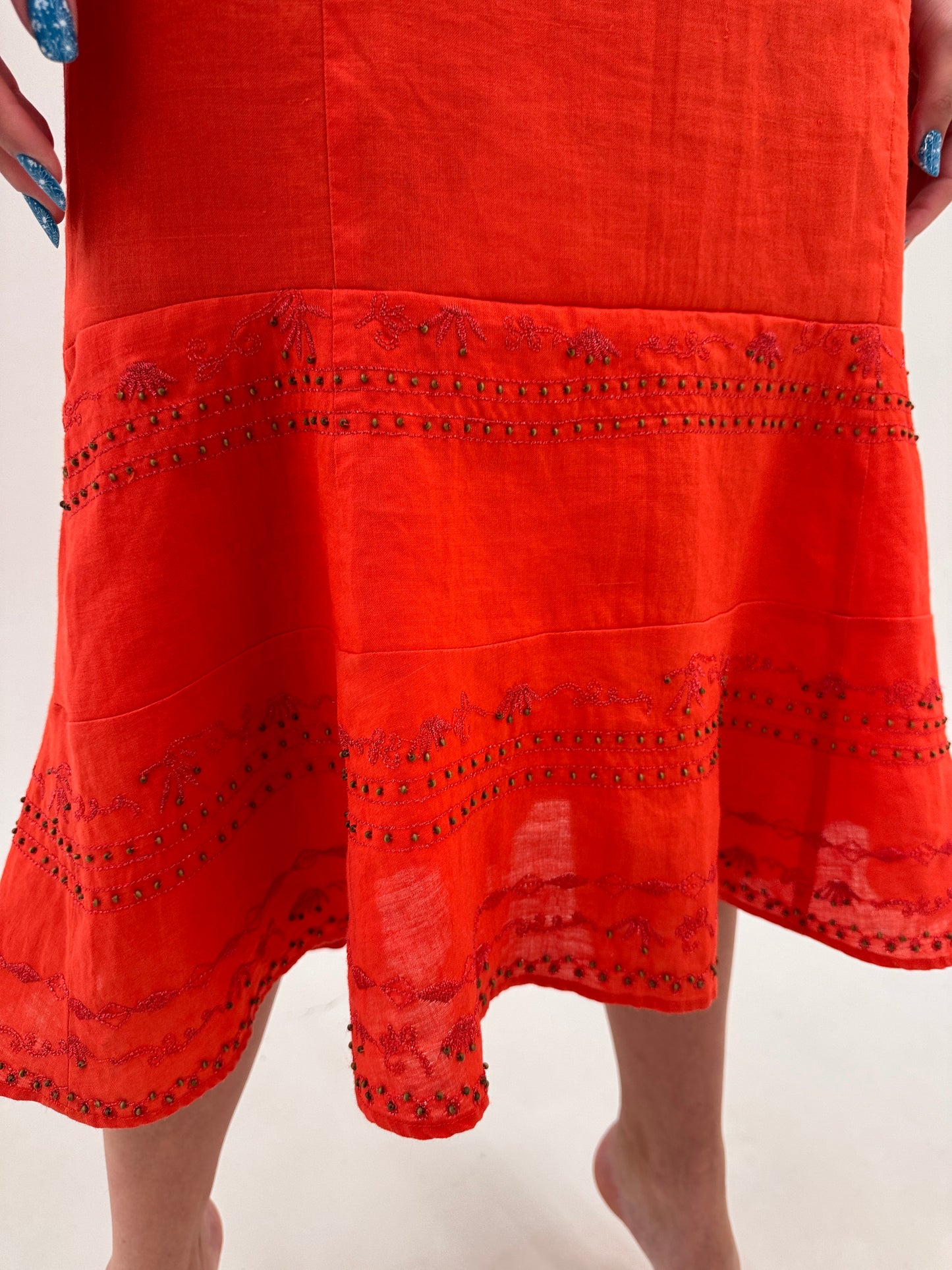 Set luxury de brand plus size Elena Miro vermillion red cu aplicații manuale și broderie din in
