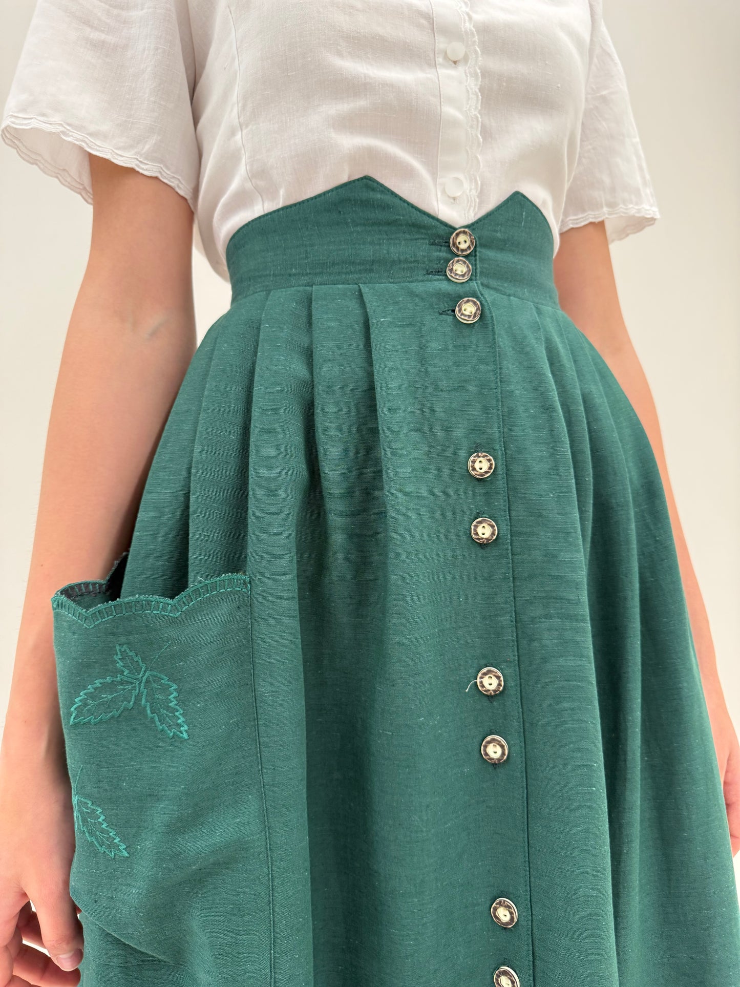 Fustă cu talie super marcată din pânză moale dark green midi lung