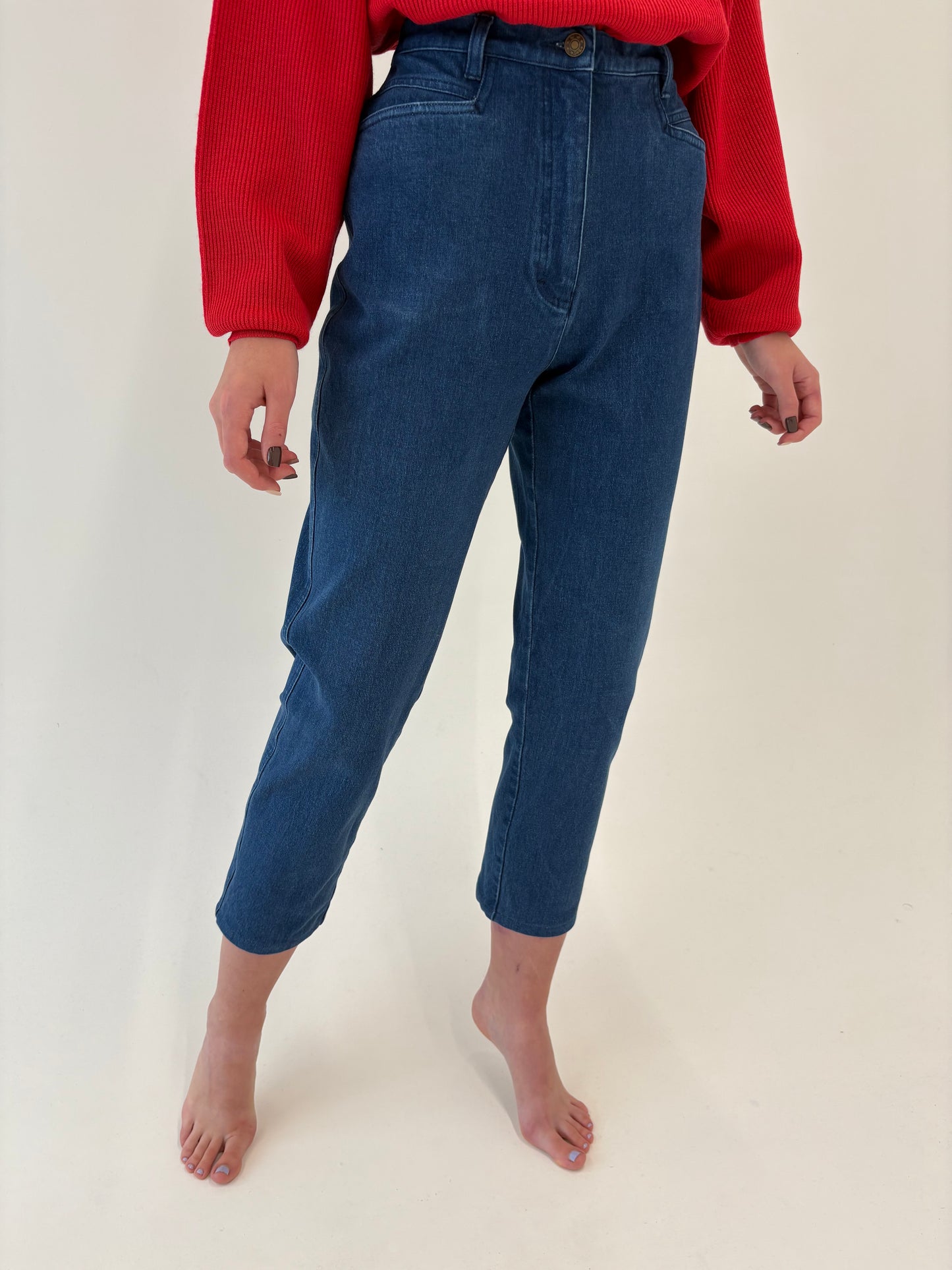 Jeans vintage petite cu talie ultra înaltă classic blue wash modelatori