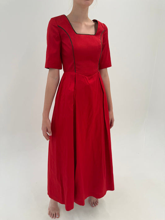 Rochie vintage maxi din mătase naturală dupioni cu corsaj și talie ultra marcată