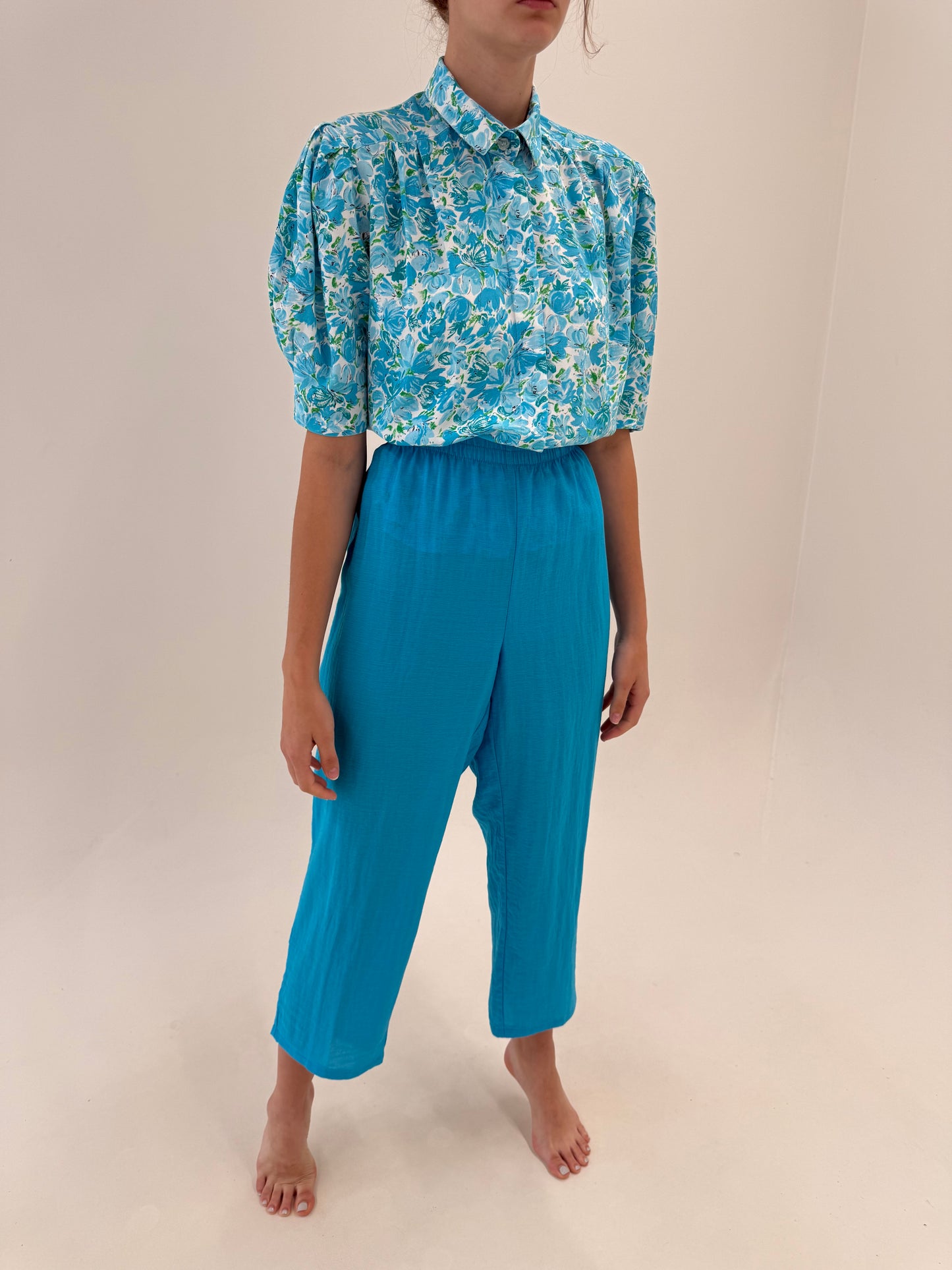 Pantaloni tall turcoaz super vaporoși cu talie ultra înaltă elastică