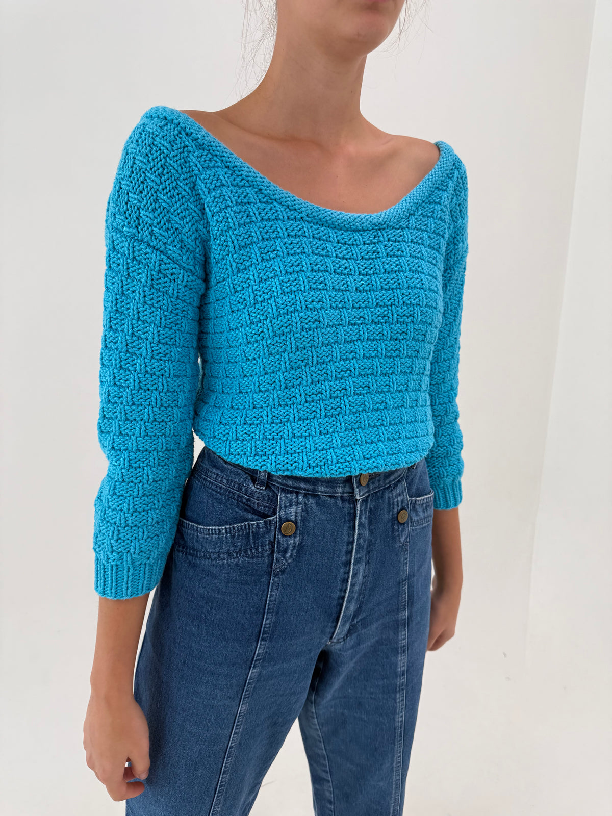 Pulover vintage cu decolteu bărcuță aqua blue din bumbac gros excepțional