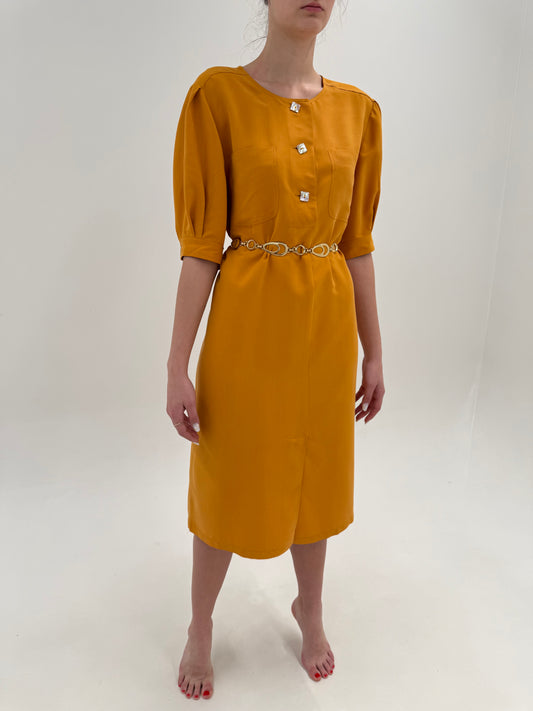 Rochie italiană saffron yellow din mătase naturală și vascoza
