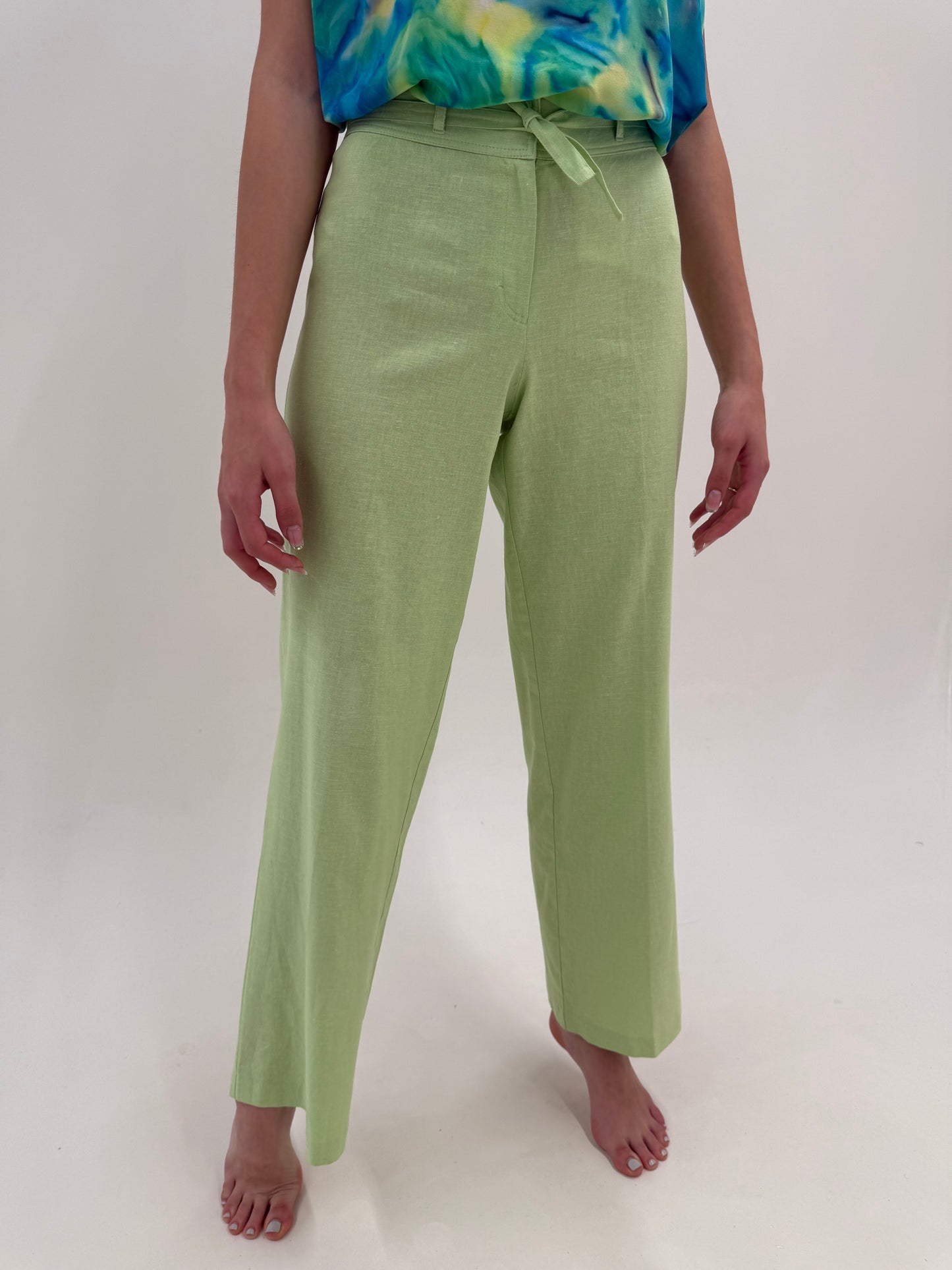 Pantaloni verde crud din pânză de in cu vascoza