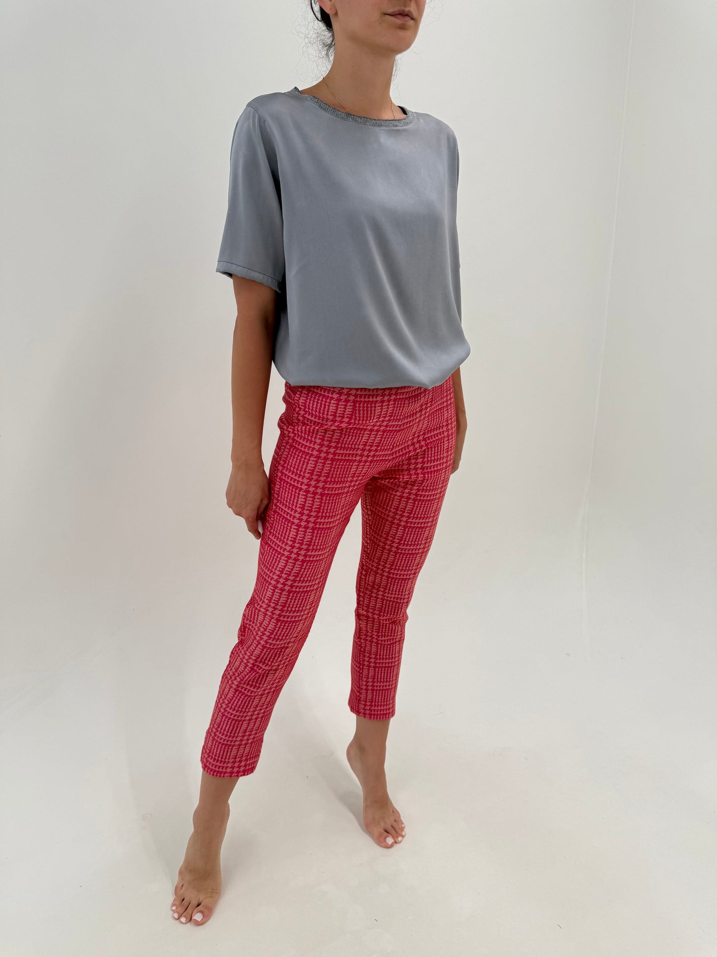 Pantaloni petite de designer italian pied de coq din jacquard cu talie ultra înaltă