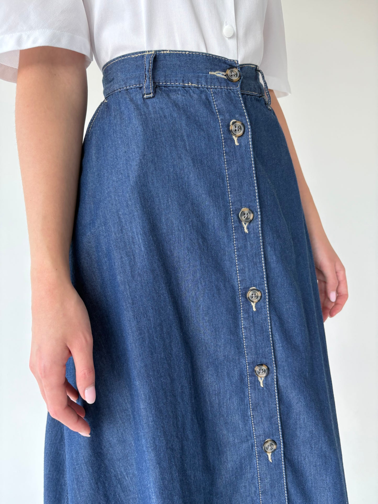 Fustă vintage A-line din jeans subțire de vară calssic wash cu talie elastică