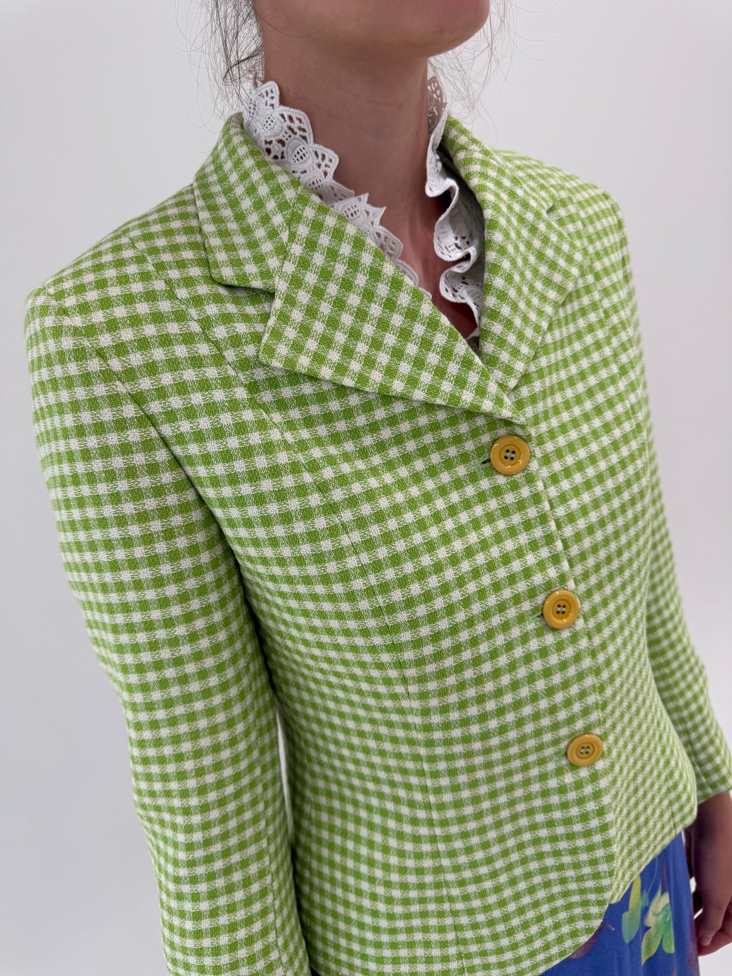 Sacou cambrat gingham verde crud din stofita de vară