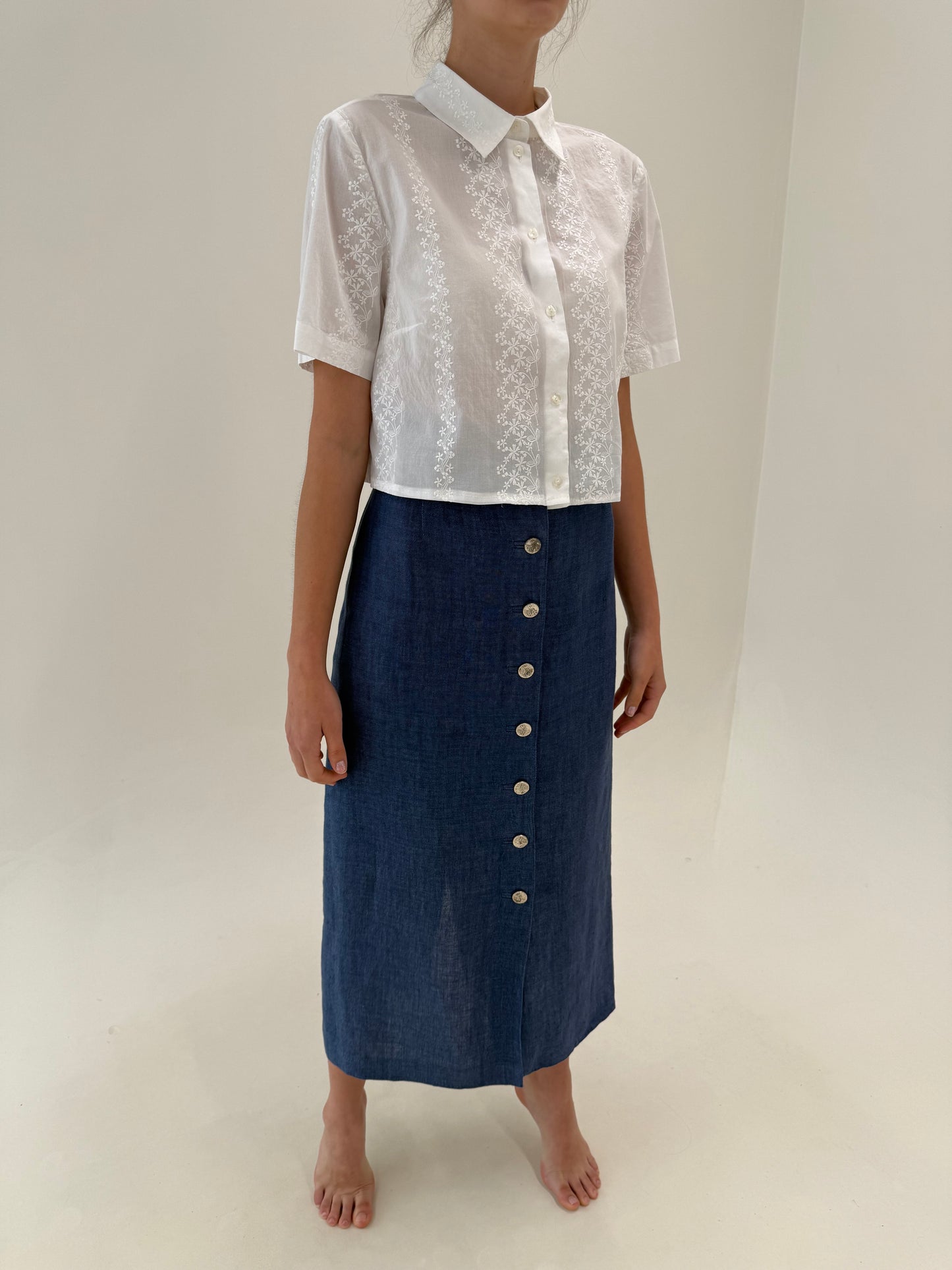 Set vintage jeans blue din pânză de in premium în croi atemporal