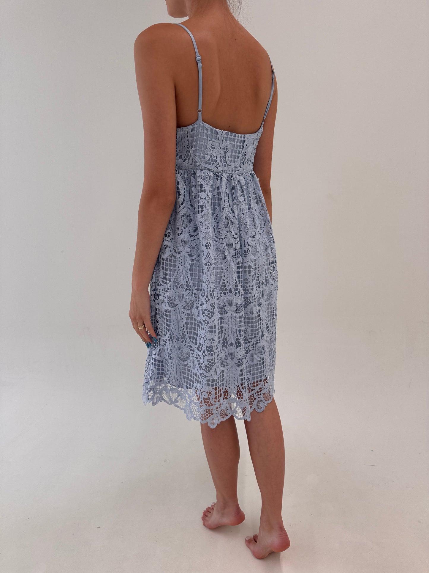 Rochie baby Blue din dantelă macrame cu talie ultra înaltă marcată