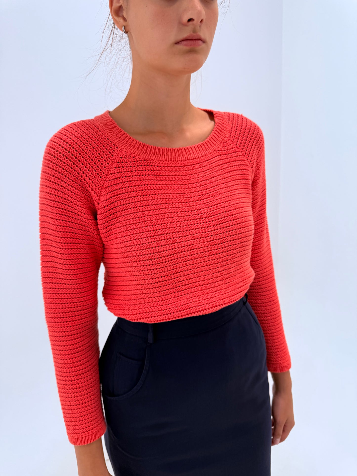 Pulover Max Mara coral red din bumbac excepțional de gramaj mare