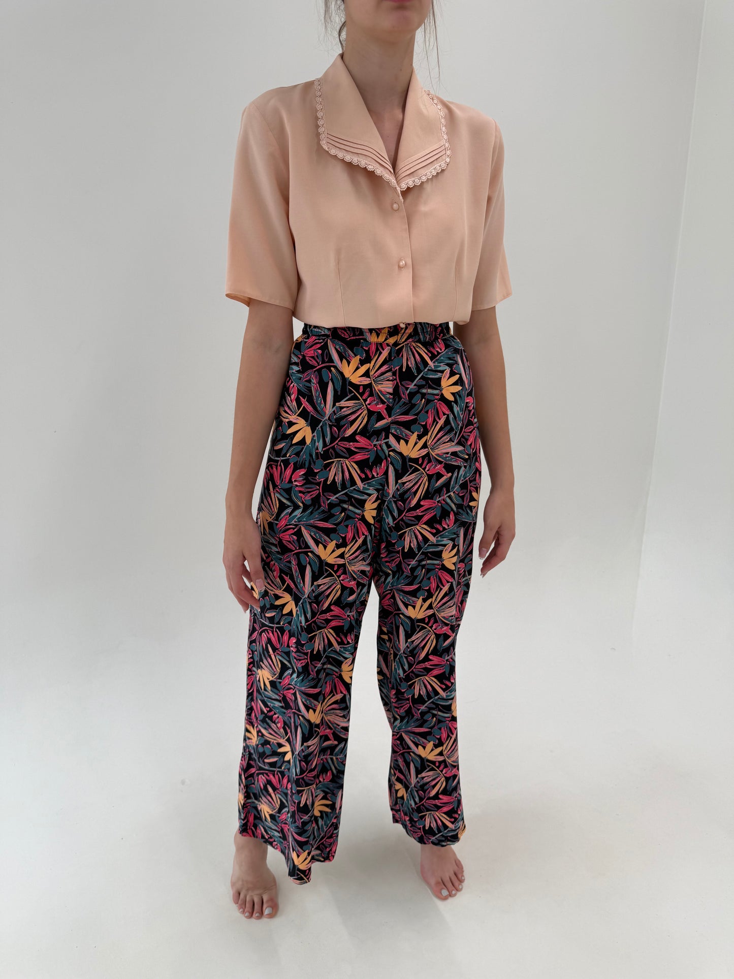 Pantaloni palazzo vaoirosi cu print organic și talie ultra înaltă