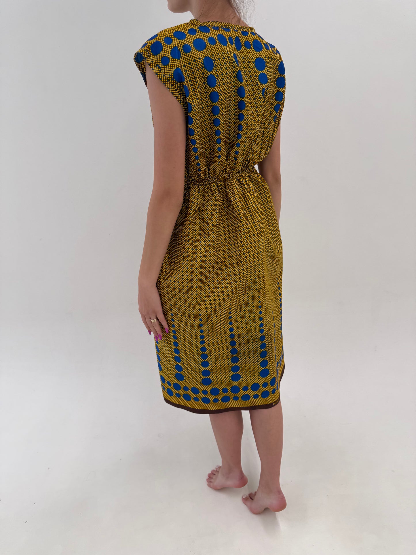 Rochie chartreuse din canvas fin de bumbac structurat cu print manual albastru regal