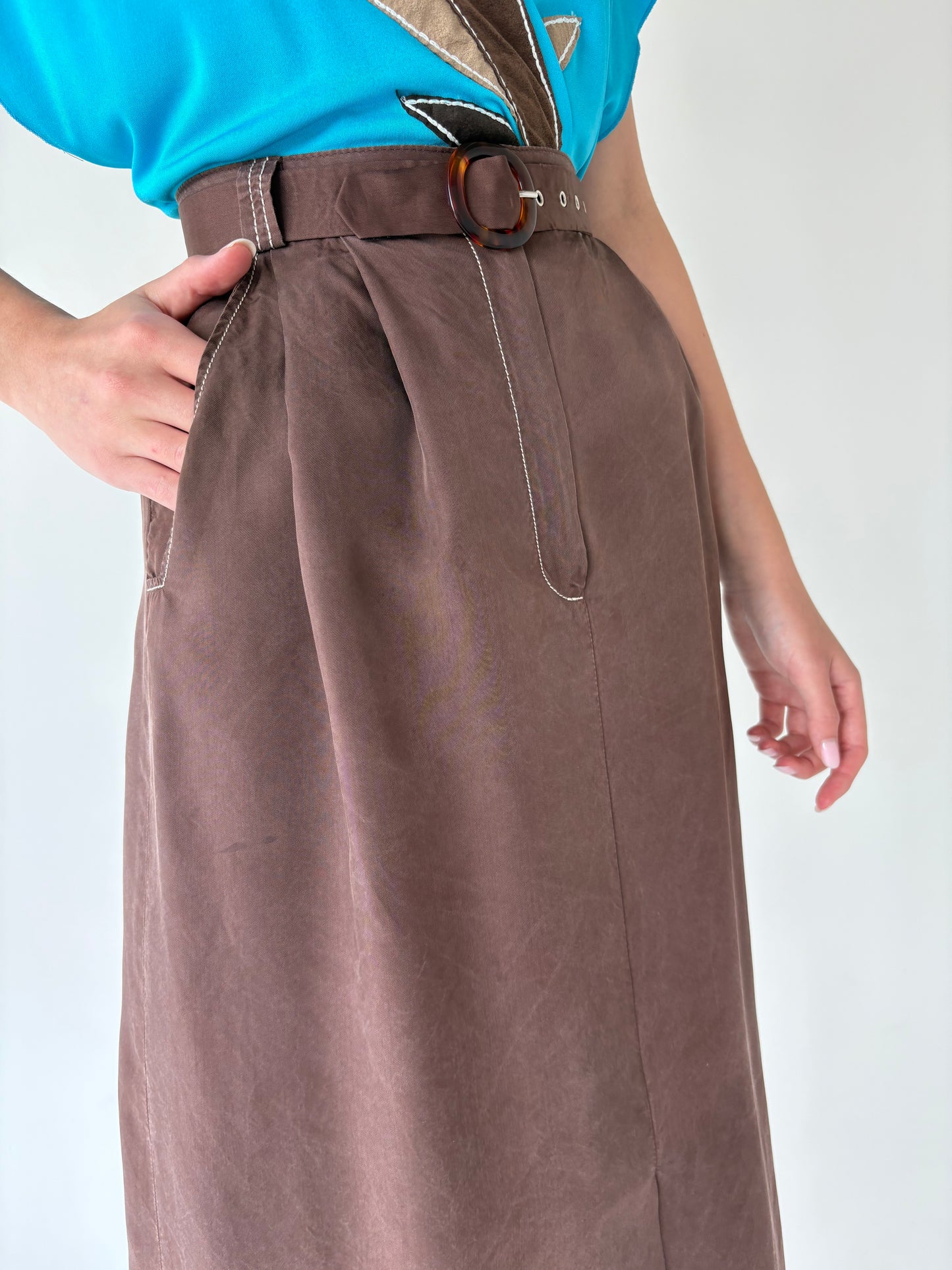 Fustă vintage chocolate brown cu pense și talie ultra înaltă