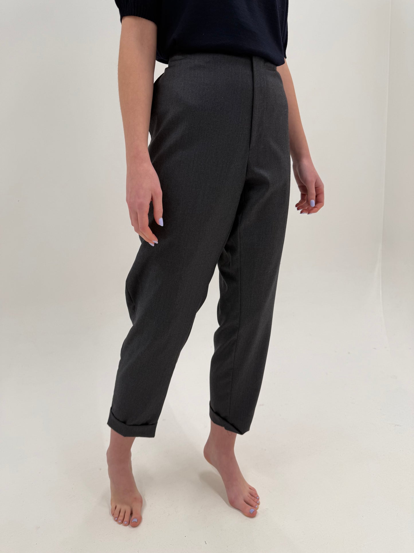 Pantaloni cu talie înaltă stone gray din lana extrafina super 100’s