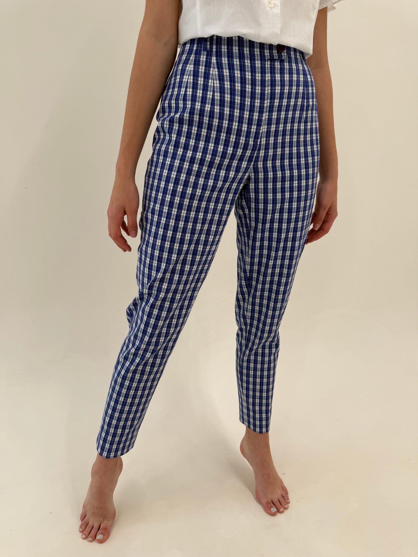 Pantaloni vintage gingham modelatori din bumbac cu talie ultra înaltă
