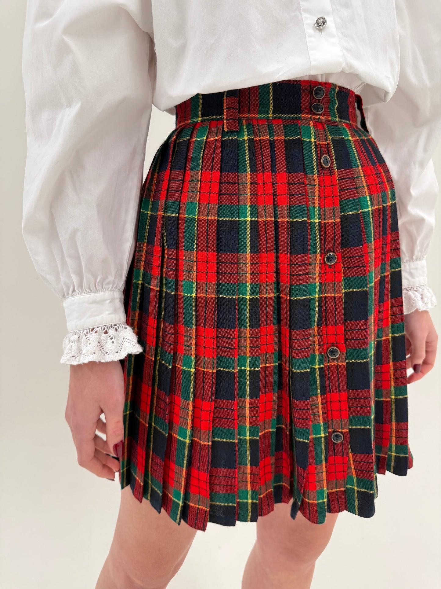 Fustă vintage plisată din Tartan gros de lana cu talie ultra înaltă
