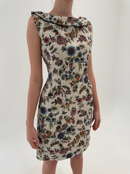Rochie vintage din pânză structurată nude cu print superb in croi de ani 60