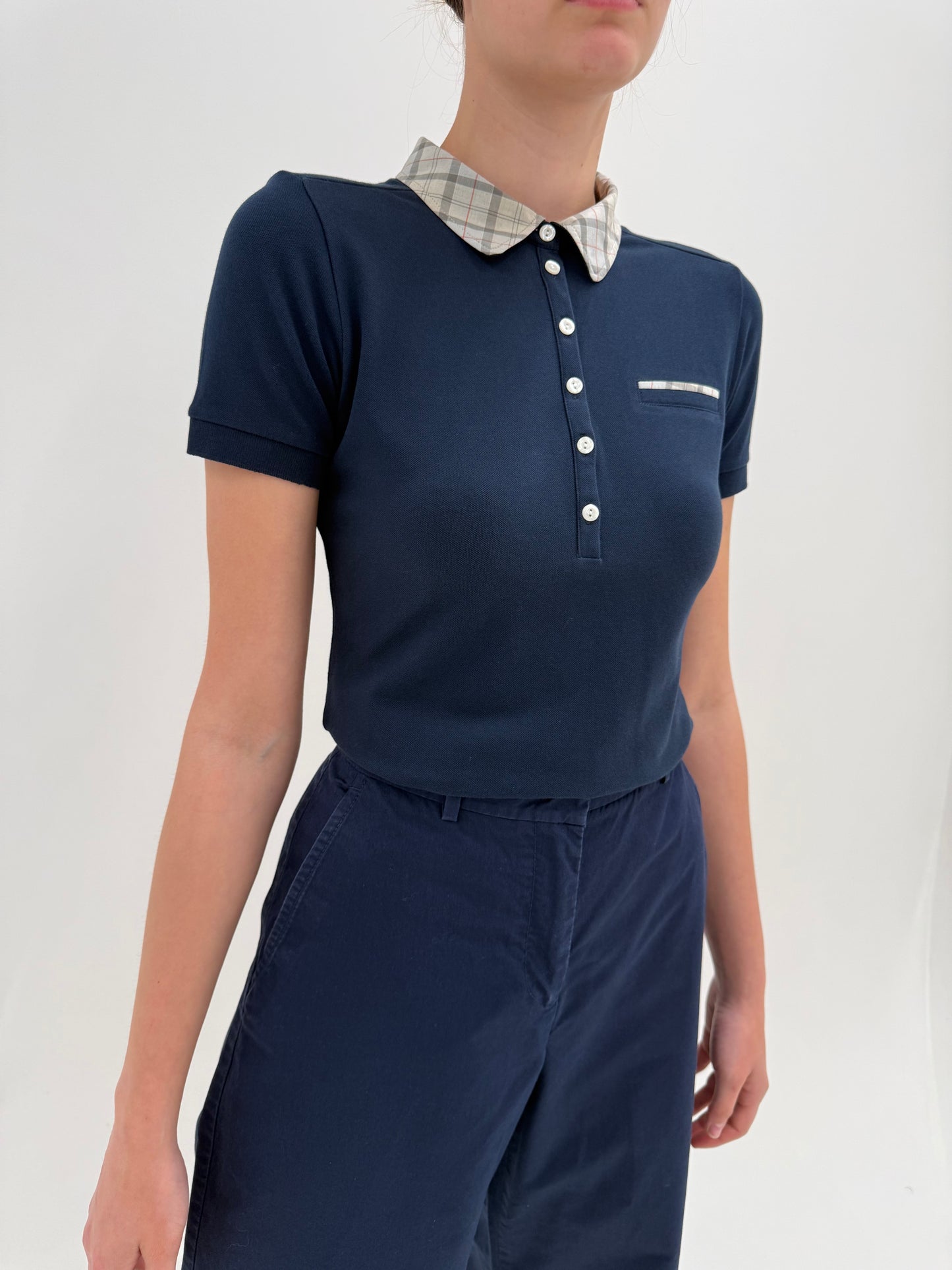 Top polo luxury Barbour Navy cu guler Peter Pan specific brandului