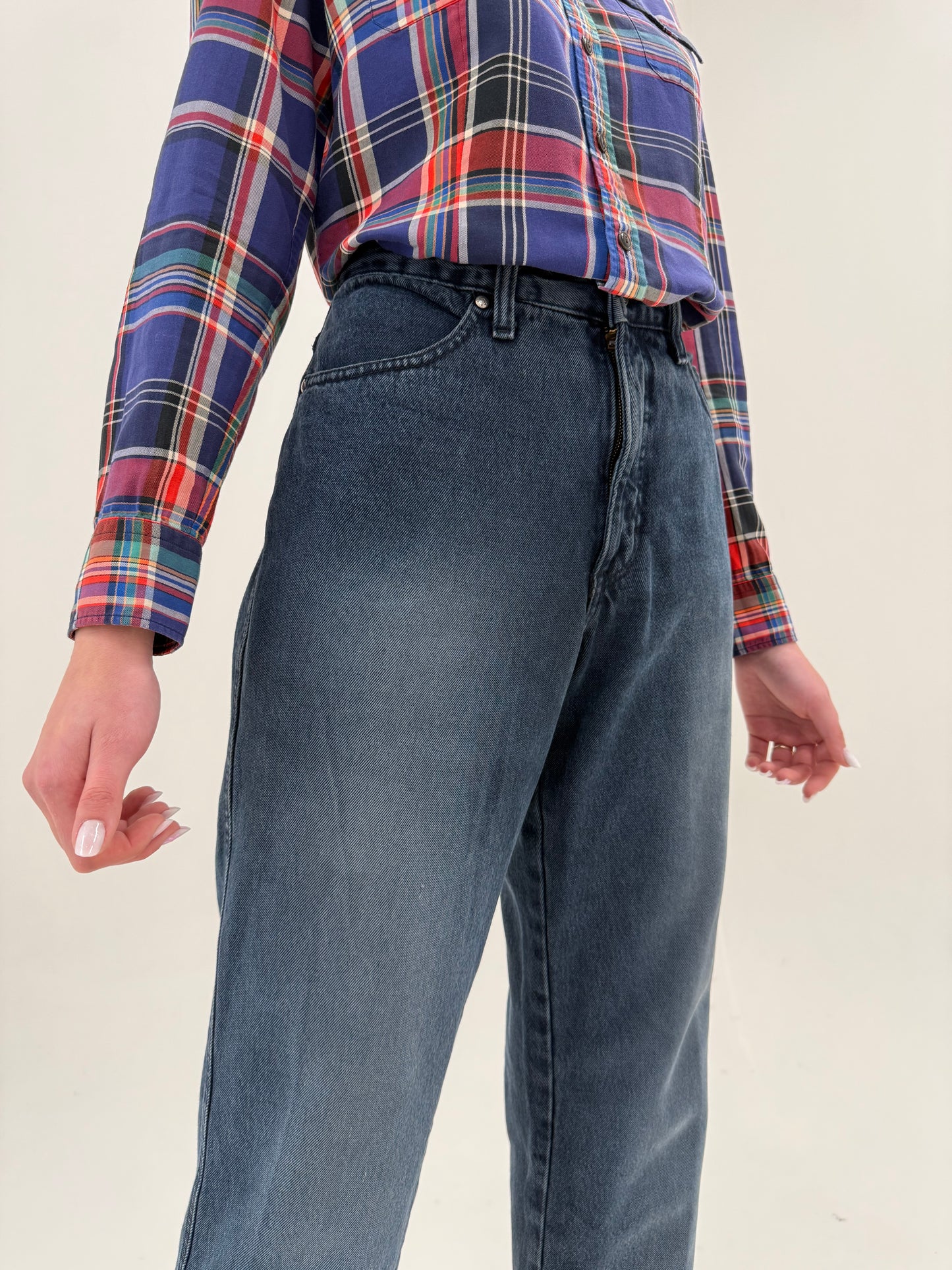 Jeans vintage dark wash tall americani din bumbac gros cu talie ultra înainta