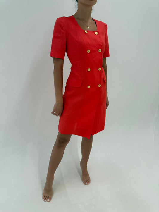 Rochie italiană din in premium electric coral red cu nasturi aurii metalici